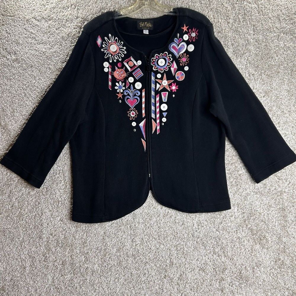 Bob Mackie Wearable Art Cardigan Embroidered Size 1x Black Full Zip